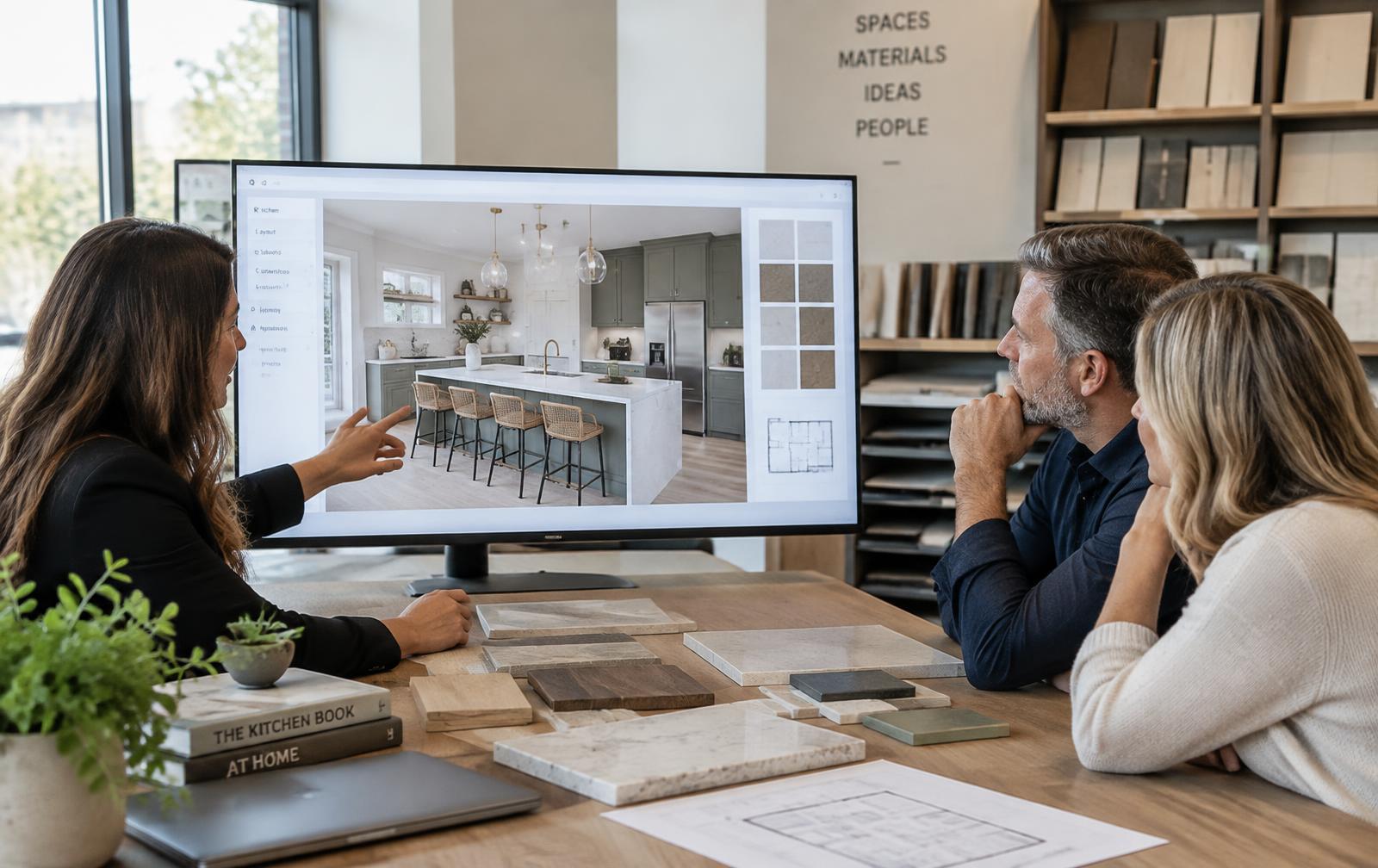 Scottsdale homeowners reviewing a 3D kitchen rendering with a design-build remodeling contractor
