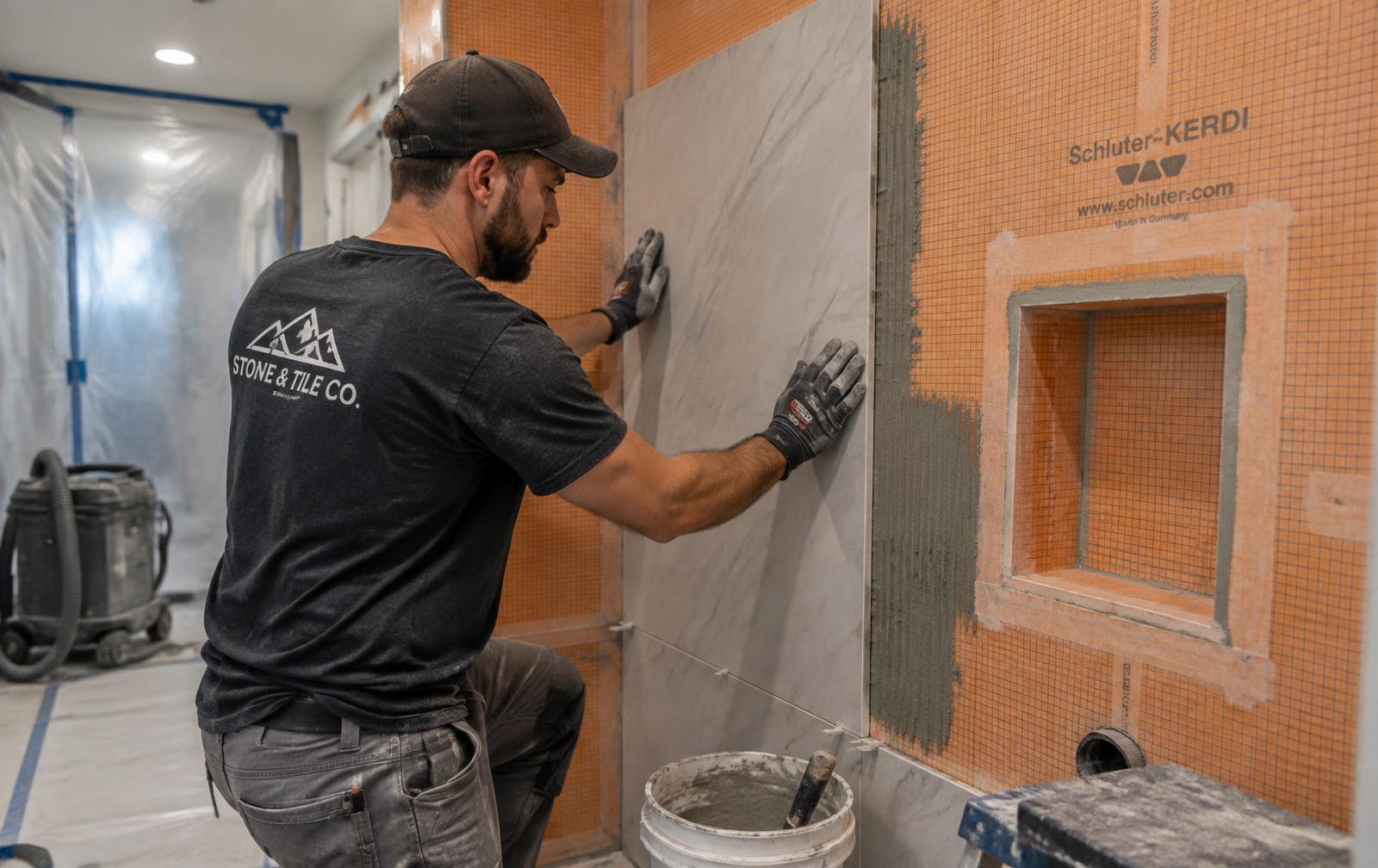 In-house tile installer waterproofing a shower wall on a Scottsdale bathroom remodeling job site